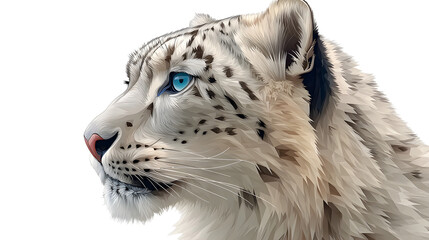 Fototapeta premium Detailed vector illustration portrait showcasing the piercing bright blue eye and thick patterned fur of a magnificent snow leopard against a stark black background