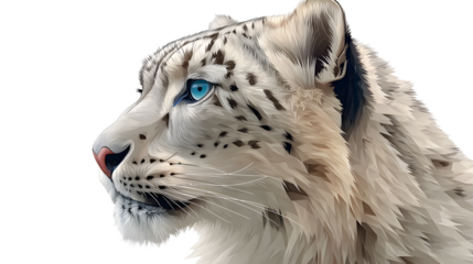 Detailed vector illustration portrait showcasing the piercing bright blue eye and thick patterned fur of a magnificent snow leopard against a stark black background