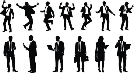 Fototapeta premium Black Silhouette Collection of Business Professionals Celebrating Success Dancing and Working on Laptops Isolated on White Background for Corporate 