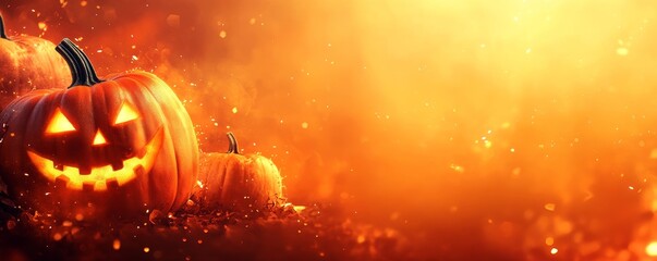 Halloween pumpkins with glowing faces on an orange background with blurred lights and copy space for design, a banner template, Generative AI