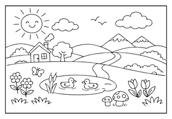 A simple, cheerful countryside landscape featuring a cozy cottage, a duck pond, and a smiling sun over rolling hills and mountains.
