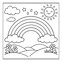 A cheerful, simple line-art coloring page featuring a smiling sun, a rainbow, raindrops, stars, and a flowery meadow landscape.