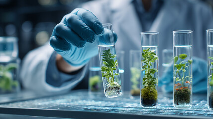 Scientist used biotechnology, ai technology, and dna plant in tube of scientific lab for medical research and Plant genetics development in Food industry. science chemistry in laboratory