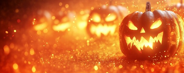 Halloween pumpkins with glowing faces on an orange background with blurred lights and copy space for design, a banner template, Generative AI