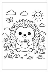 A cute, cartoon hedgehog holding an apple in a cheerful autumn forest scene with mushrooms and a smiling sun, designed as a black-and-white coloring page.