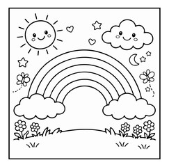 A cute, kawaii-style line art coloring page featuring a smiling rainbow, sun, and cloud surrounded by stars, butterflies, and flowers.