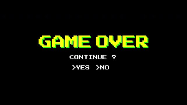 Game over glitch screen with pixel art continue option. Perfect for retrostyle game development, apps, websites, and gamingrelated designs.