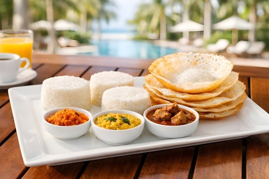 Luxury Sri Lankan Hotel Breakfast Platter with Hoppers and Curries on Veranda