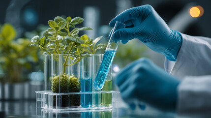 Scientist used biotechnology, ai technology, and dna plant in tube of scientific lab for medical research and Plant genetics development in Food industry. science chemistry in laboratory