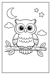 A cute, line-art cartoon owl perched on a branch at night with a crescent moon, stars, and clouds, designed as a coloring page.