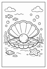 An underwater coloring page featuring an open scallop shell holding a large pearl, surrounded by bubbles, fish, seaweed, and a starfish on the sandy seabed.
