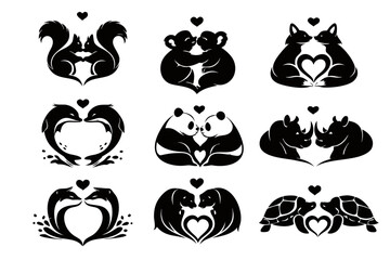 Obraz premium Silhouette set of animal couples in heart shapes, featuring squirrels, koalas, foxes, dolphins, pandas, rhinos, frogs, elephants and turtles. Cute romantic wildlife icons.