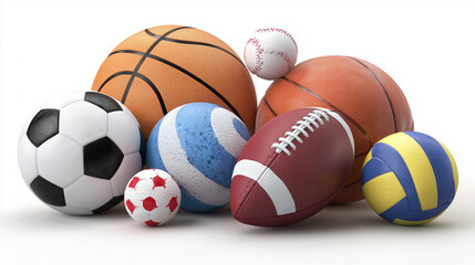 Seven different sports balls: soccer, basketball, baseball, tennis, volleyball, bowling, and American footbal