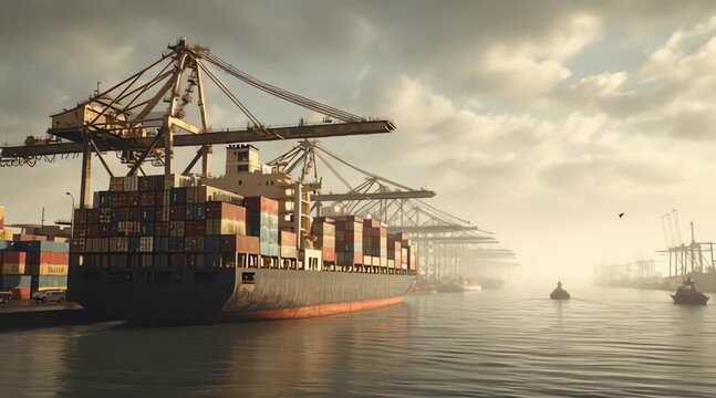 Industrial port scene at dawn with a cargo ship loaded with containers, massive cranes standing sentinel, reflecting the constant motion of global commerce and maritime logistics