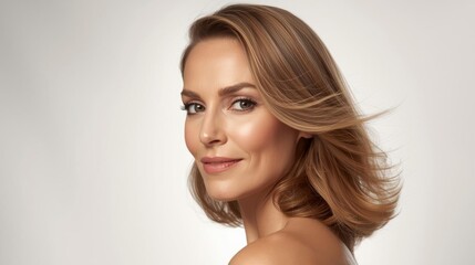 A close-up portrait of a woman with elegant hair and a subtle smile, showcasing a natural and polished look against a light background.