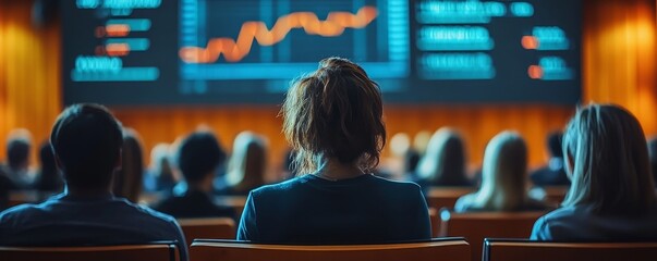 A group of business people stand in front of an abstract digital background with data and code, representing the growth of a technology company, Generative AI