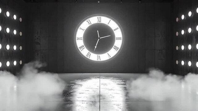 Abstract interior with a large illuminated clock on the wall, creating a surreal atmosphere.