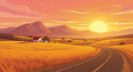 Fototapeta premium Rolling farmland sunrise, curving road, farmhouse backdrop. Pastoral hills scene, bright sun, rural travel banner. Golden meadow route, distant home, marketing cover art