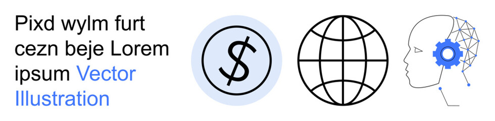 Obraz premium Business strategy, AI development, global trade, financial systems, economic growth, technology innovation. Dollar sign, globe, and head with gear finance and artificial intelligence in a global