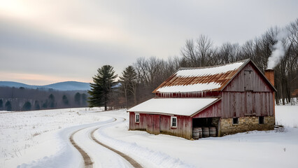 Rustic wooden barn covered in winter snow in a rural landscape