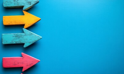 Colorful arrows pointing in different directions on a blue background, representing multiple marketing integration and the power of digital platforms for e-commerce growth, Generative AI