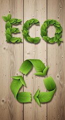 Natural green foliage forms the word 'eco' and a recycling symbol upon a wooden background