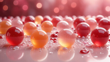 A close-up view of colorful gel-like spheres on a reflective surface