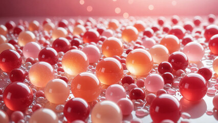 A vibrant collection of red and pink translucent spheres of various sizes