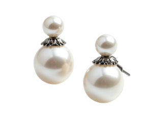 Elegant pair of earrings featuring large, lustrous white pearls. Black background enhances the jewelry