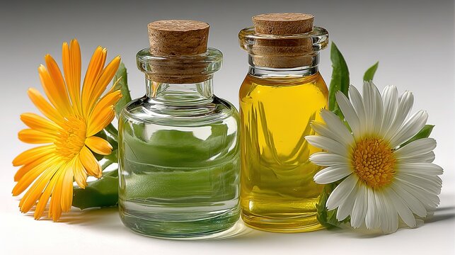 Aromatherapy e-commerce white hero: two small bottles yellow & orange marigold oil + side fresh blooms, razor-focus caps & petal texture, ideal for flagship detail or 618 banner
