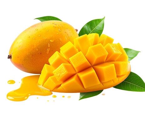 Juicy, ripe, diced mango with whole fruit and refreshing juice splash