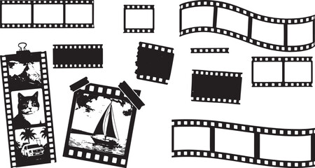Fototapeta premium Black and White Film Strip Frames Set with Curved and Straight Movie Reel Photo Borders Vector