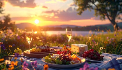A beautiful sunset over a picnic with cheese, fruit, and wine, by the lake
