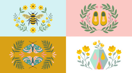 Obraz premium Quadruple decorative vector icons set featuring a bee with sunflowers, a laurel-wreathed shoe emblem, an ornate butterfly motif, and a pastel geometric floral composition.