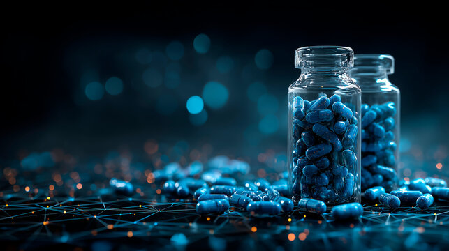 Two glass bottles filled with blue capsules rest on digital network. Represents healthcare, pharma, medical tech. Scene uses low poly, geometric style, with glowing connections. Innovation