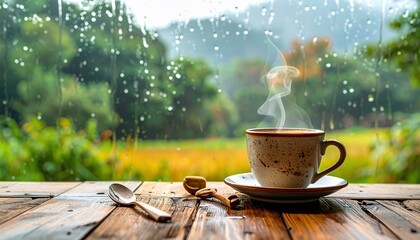 Steaming coffee in a ceramic cup sits on a table overlooking a rainy green landscape