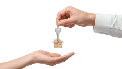 Professional man's hand delivering a new house key featuring a wooden home-shaped keychain to a buyer's open hand, signifying real estate transaction and home ownership, isolated on transparent backgr