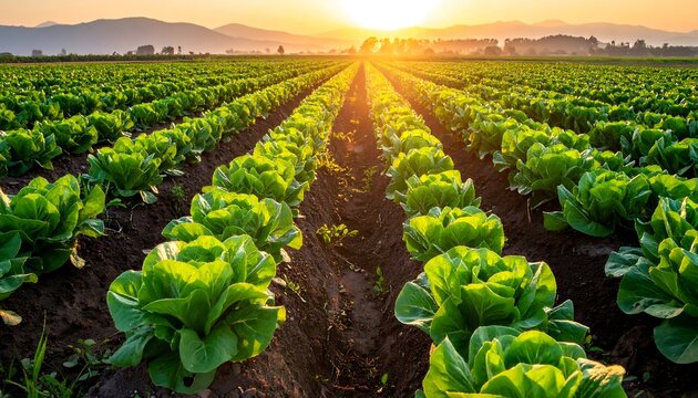 Rows of fresh lettuce growing in a field at sunrise, organic agriculture.