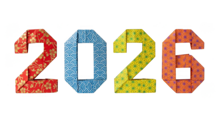 Colorful origami numbers 2026 featuring traditional Japanese patterns isolated on black