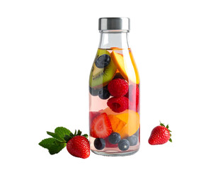 Refreshing glass bottle filled with colorful fruits and water