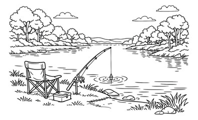 Hand drawn line art illustration of a peaceful fishing scene depicting leisure and nature for outdoor recreation