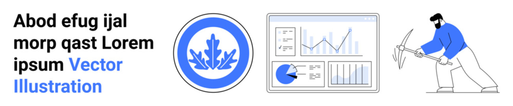 Data charts, analytics dashboard, badge or logo design, and industrial worker using pickaxe. Ideal for data analysis, industry, mining, dashboard UI, business reports technology simple landing page
