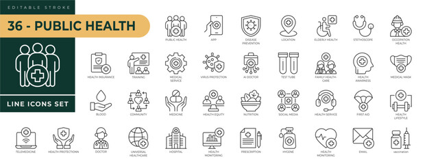 A collection of Public Health icons set with editable stroke, including app, hospital, location, elderly health, ai doctor, medicine, community, firt aid, tube, blood. Thin linear vector illustration