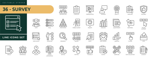 A collection of Survey icons set with editable stroke, including vote, pool, participant, mobile survey, inquiry, result, ratting, sampling, chooise, analysis, opinion. Thin linear vector illustration
