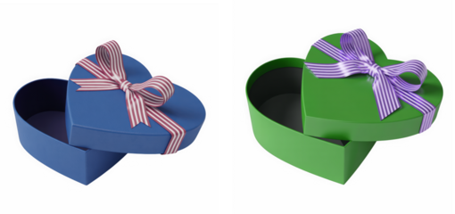 Colorful heart shaped gift boxes with striped ribbons partially open on transparent background