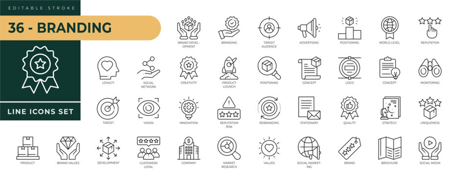 A collection of Branding icons set with editable stroke, including brand development, product lounch, positioning, target, loyalty, product, company, quality, concept. Thin linear vector illustration