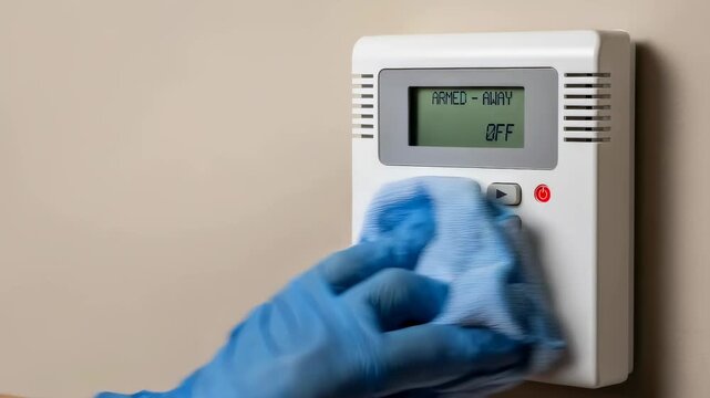 Man in blue gloves cleaning a home security alarm system keypad with a blue cloth, depicting sanitization and maintenance