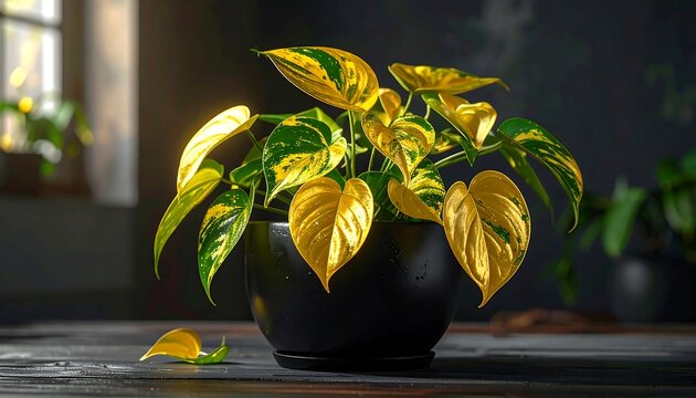 Golden Heartleaf Philodendron Plant in a Black Pot.