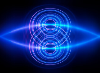 Abstract image of concentric glowing circles in vibrant blue and purple hues, intersected by a bright horizontal light beam against a dark background.  The effect is hypnotic and suggests energy or a 