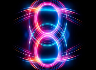 Vibrant neon circles glow with pink and blue light, creating a futuristic, swirling energy effect against a black background.  The concentric rings radiate light and energy.